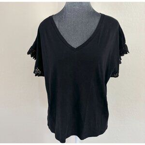 Sarah John Black V-Neck Short Sleeve Top With Lace Trimmed Sleeves. Size L/XL